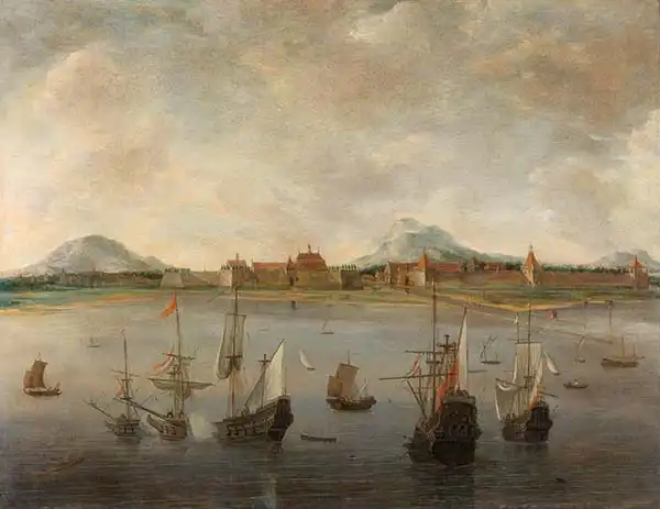 Dubbels, Hendrick: View of Batavia with the mountain range of the Salak