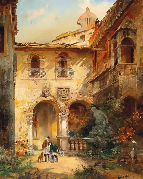 Alott, Robert: Elegant Gentlemen in a Castle Courtyard