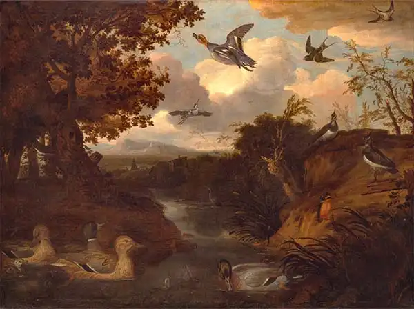Barlow, Francis: Ducks et autres oiseaux sur un ruisseau dans un paysage italien