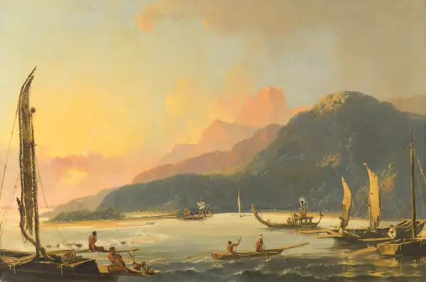 Hodges, William: GALLEYS DE LA GUERRE TAHITIAN À MATAVAI BAY, TAHITI