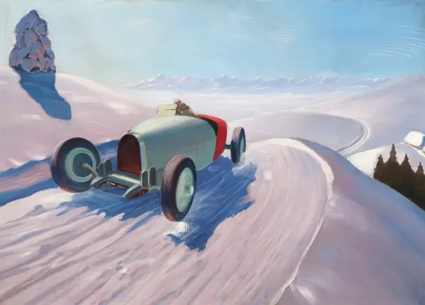 Malczewski, Jacek: Car in winter landscape
