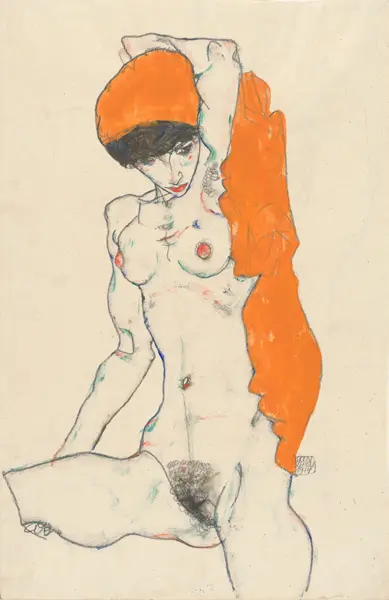 Schiele, Egon: Stojící akt s oranžovými závěsy 1914