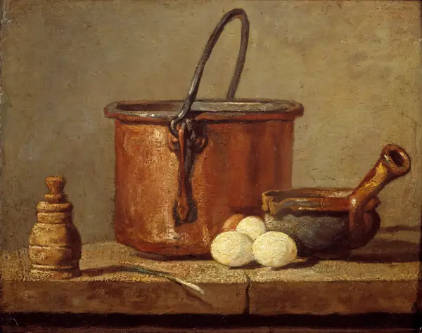 Chardin, Jean-Siméon: Still Life of Cooking Utensils, Cauldron, Frying Pan and Eggs
