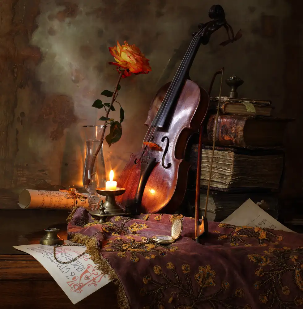 Morozov, Andrey: Natura morta con violino e rosa