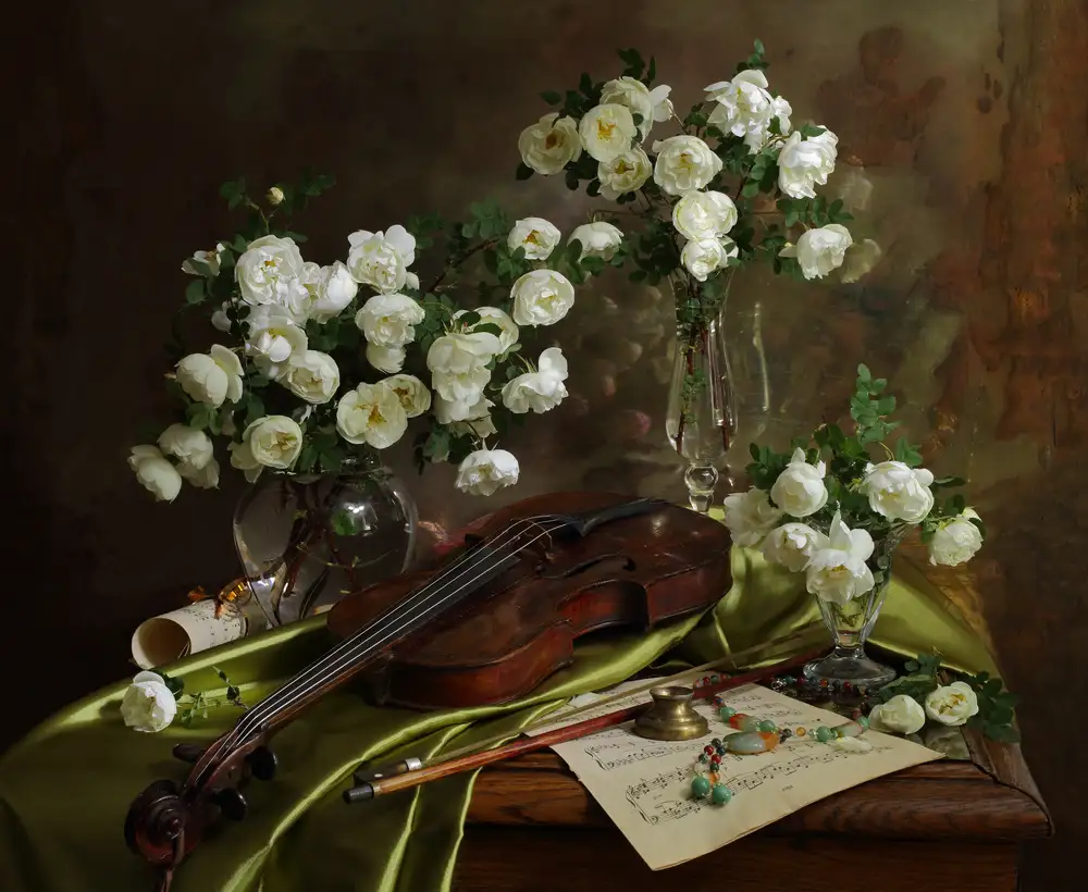 Morozov, Andrey: Natura morta con violino e fiori