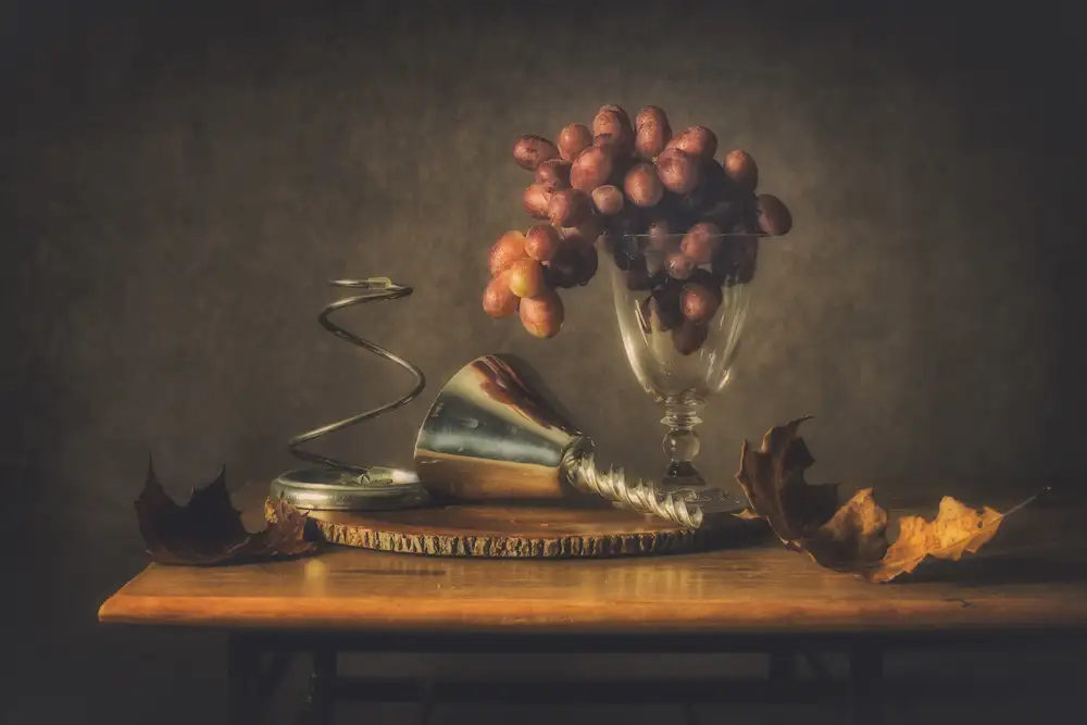 Velzen, van Monique: Stil life grape and wine