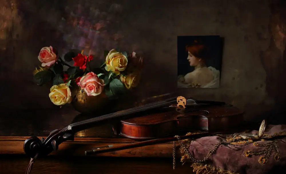 Morozov, Andrey: Natura morta con violino e fiori