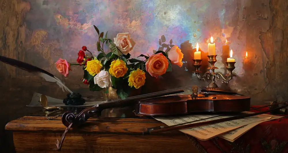 Morozov, Andrey: Natura morta con violino e fiori