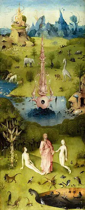 Bosch, Hieronymus: Zahrada pozemských rozkoší - Adam a Eva s Kristem (detail)