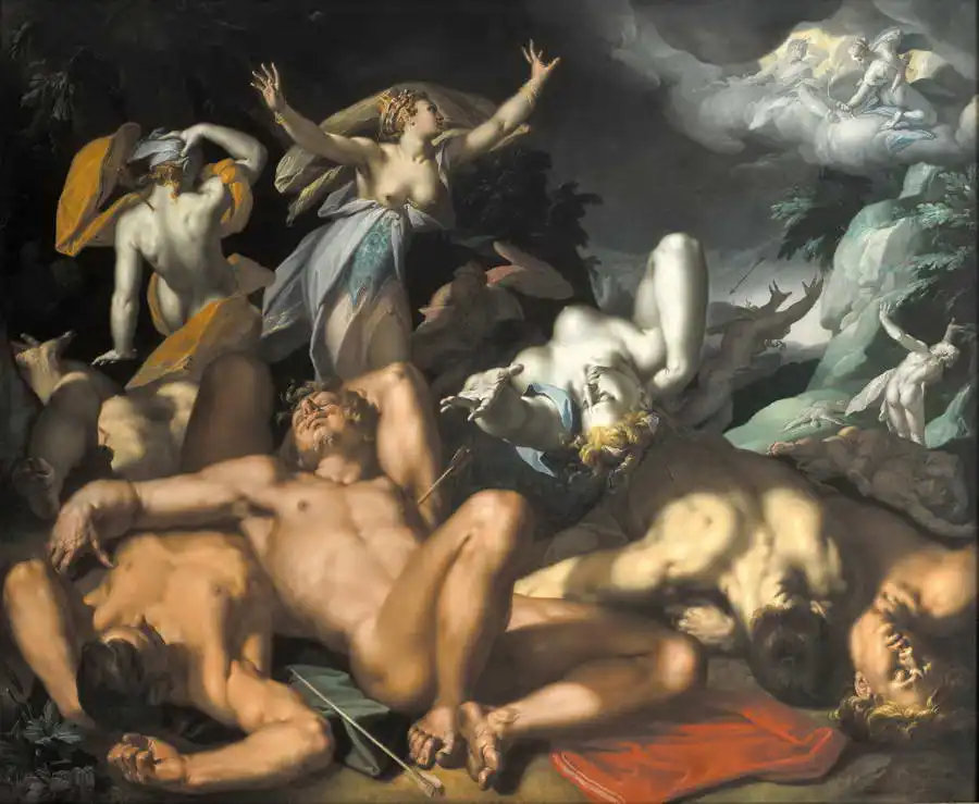 Bloemaert, Abraham: Apollo a Diana trestající Niobe