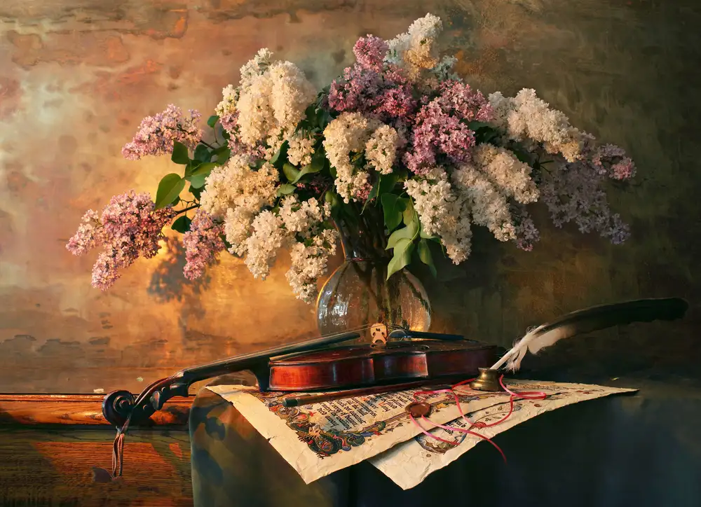 Morozov, Andrey: Stillleben mit Geige und lila Blumen