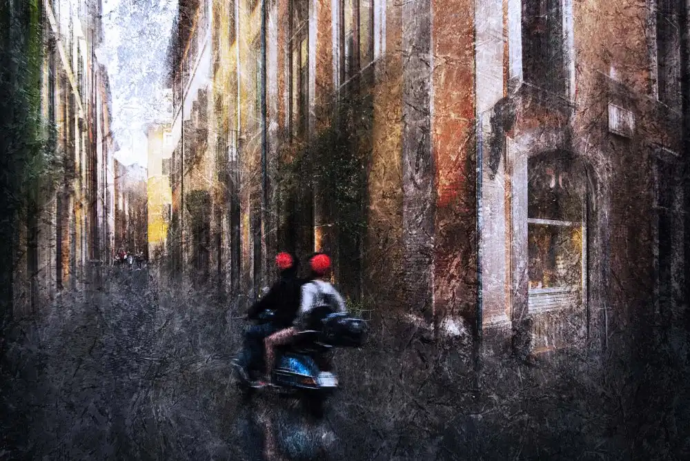 Quaglia, Nicodemo: Touristen auf einer Vespa in den Gassen Roms