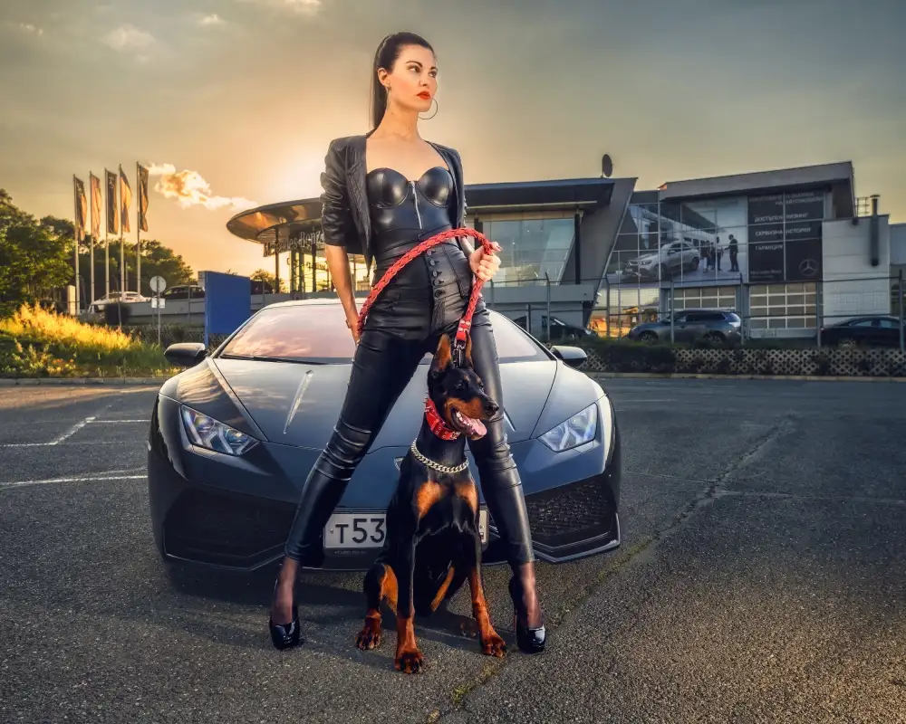 Nanev, Vasil: Daniela and the Doberman Alma at sunset