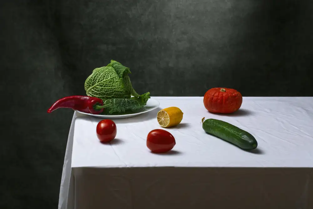 Barkow, Brig: Natura morta con verza,pomodori,cetrioli,peperoncino,limone e zucca