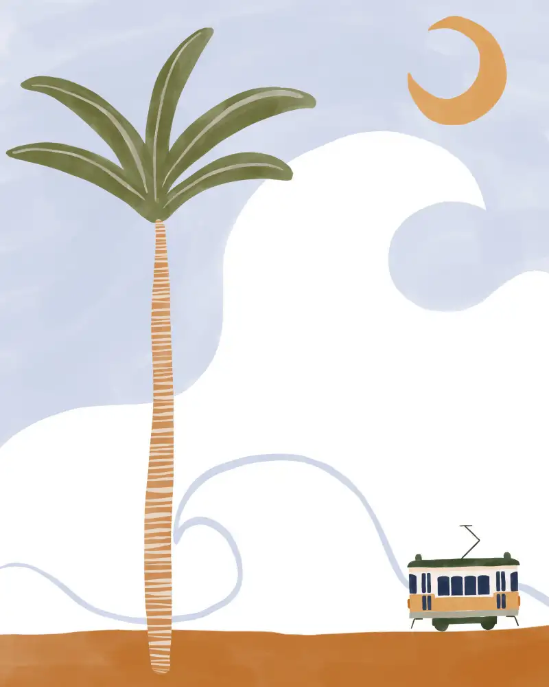 Illustrations, Green Ivy: Piccolo tram sulla spiaggia