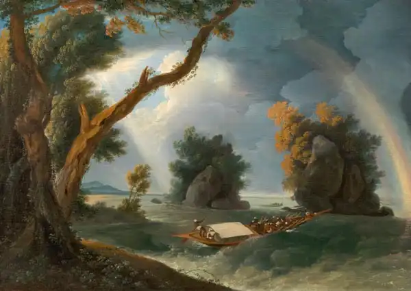 Hodges, William: Tempête sur le Gange, avec Mme Hastings près des rochers col-gon