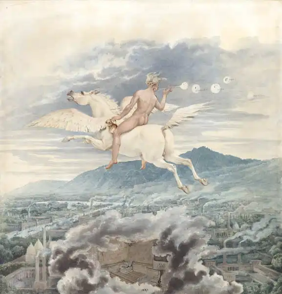 Schinkel, Karl Friedrich: Ženská postava na Pegasovi nad průmyslovým městem