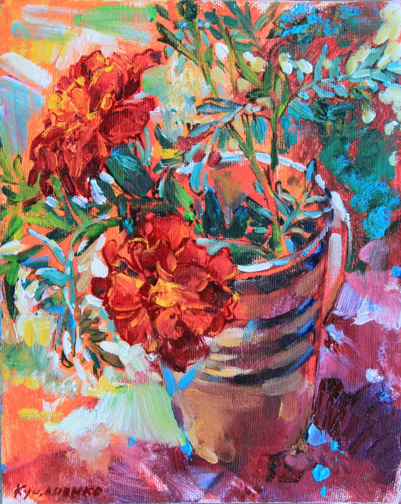 Kutsachenko, Andrii: Marigolds in a cup