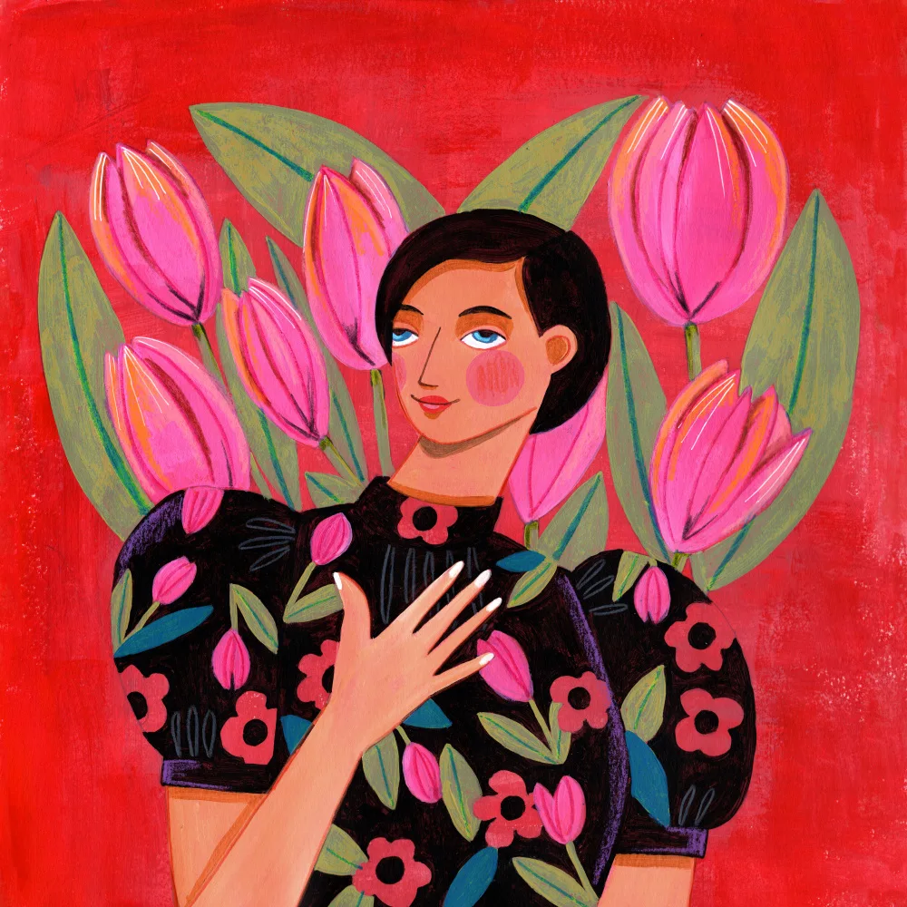 Müller, Bonne Caroline: Portrait moderne abstrait femme avec des tulipes