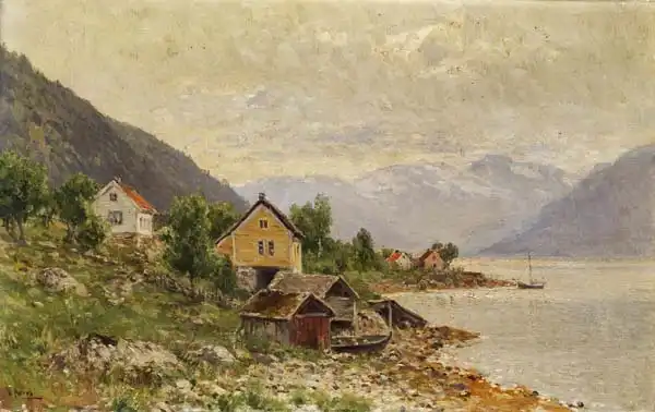 Moras, Walter: Paysage avec des maisons et des huttes de pêcheurs par une rivière, des montagnes couvertes de neige