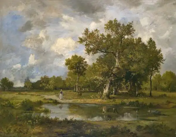 Richet, Leon: Landscape with stream and walker