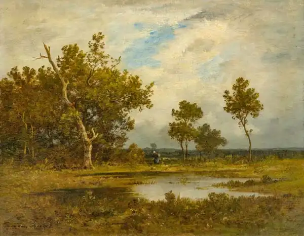 Richet, Leon: Woman collecting firewood near a pond