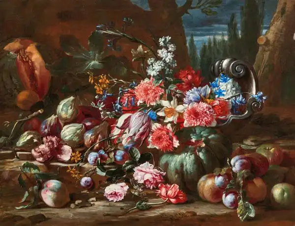 Brueghel, Abraham: Tulipani, narcisi, rose e altri fiori con vari frutti e un vaso d