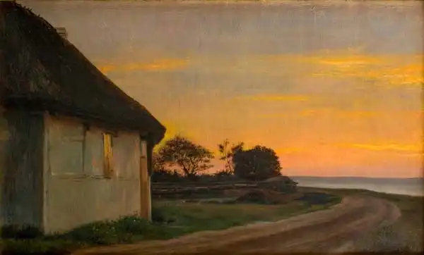 Bloch, Carl: Lanscape du soir avec une maison et un jardin au bord de la mer. Ellekilde