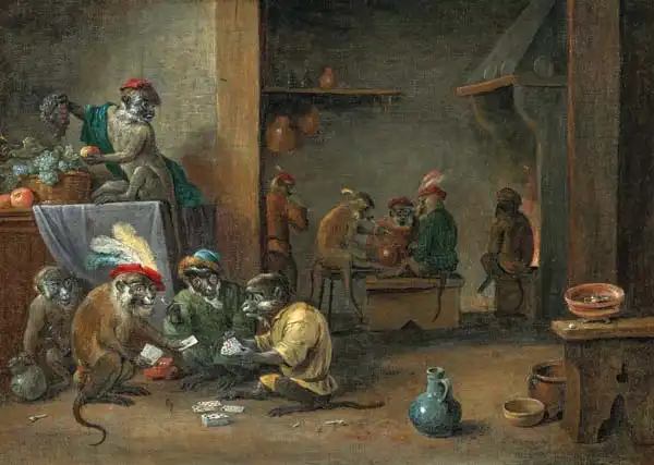 Teniers, Abraham: Opice hrající karty v hostinci