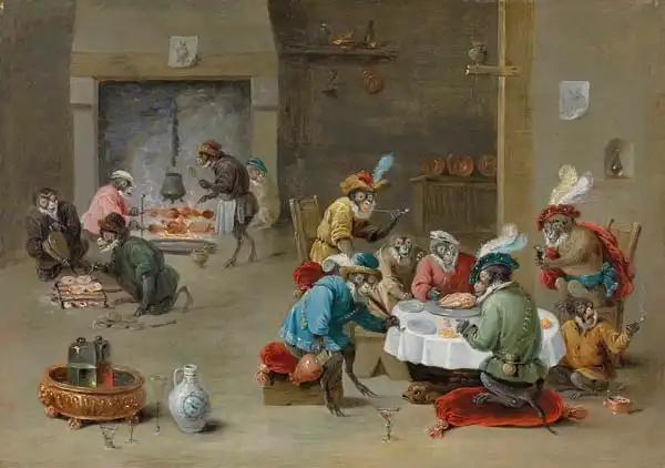 Teniers, Abraham: Opice kouří, pijí a přípravují jídlo v kuchyni