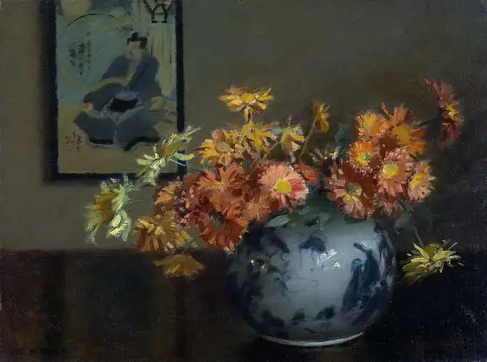 Reid, Hiester Mary: Chrysanthemums in Japanese arrangement