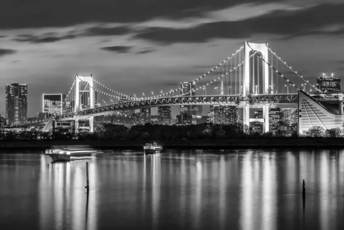 Viola, Melanie: Nádherný Rainbow Bridge a tokijská silueta při západu slunce - monochromatické