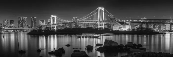 Viola, Melanie: Rainbow Bridge suggestivo con lo skyline di Tokyo al tramonto - panorama monocromatico