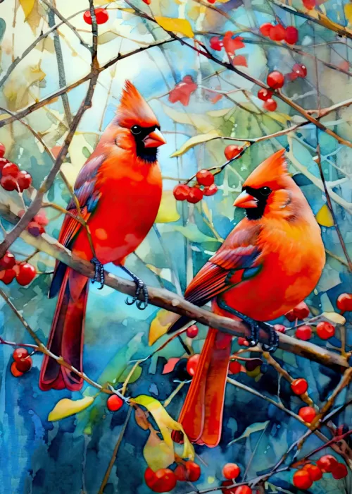 Jaszke, Justyna: Cardinale Rosso Acquerello Arte Animale (2)