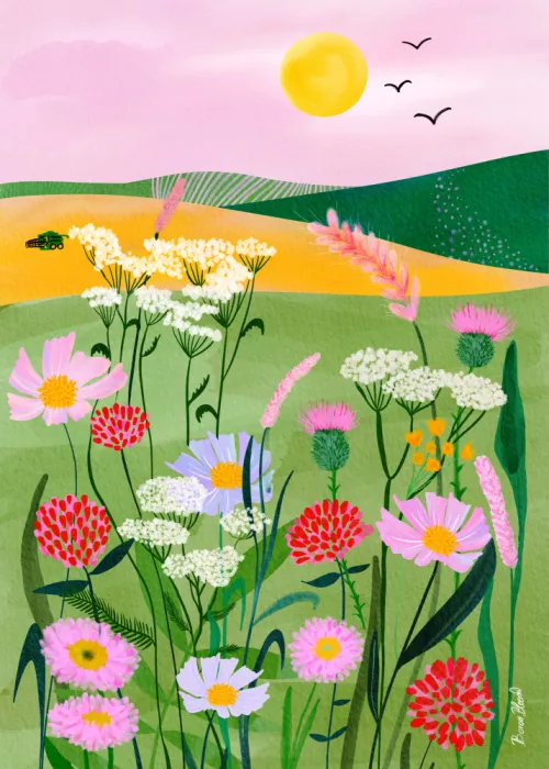 Bloom, Baroo: Flied Flowers with Pink Sky Landscape