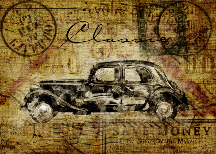 studio, senja Lembayung: Pohlednice se starým automobilem