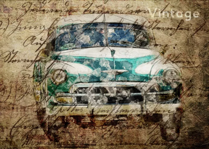 studio, senja Lembayung: Postal con coche antiguo
