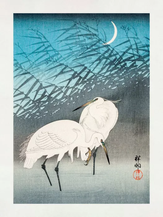 Koson, Ohara: Egrets and Reeds In Moonlight (1926)
