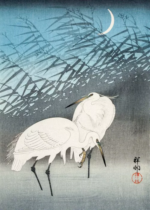 Koson, Ohara: Egrets and Reeds In Moonlight (1926)
