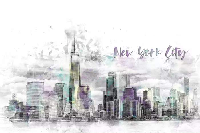 Viola, Melanie: Moderní umění NYC Manhattan Skyline | jazzové akvarel éskrahy