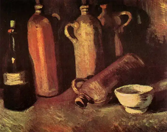 Gogh, Vincent van: Zátiší s kameninovými lahvemi a bílým pohárkem