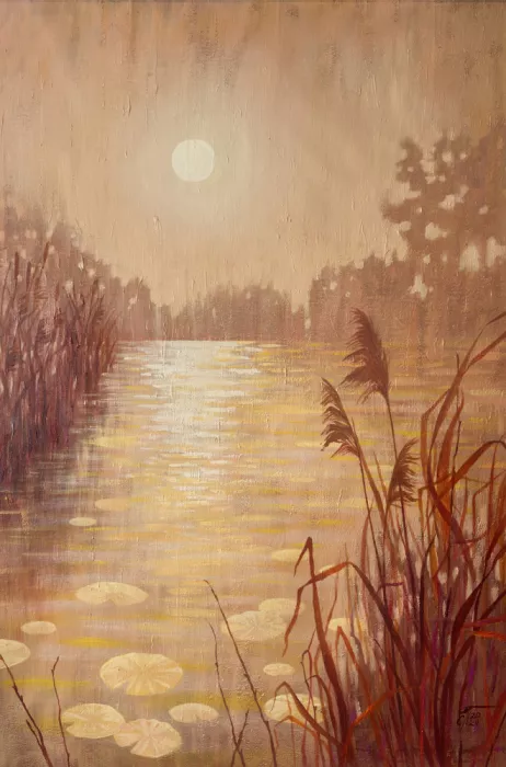 Prisich, Ekaterina: Teich mit Schilf bei Sonnenuntergang