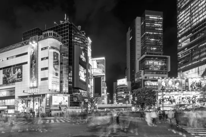 Viola, Melanie: Shih a spěch na křižovatce Shibuya v Tokiu | černobílá