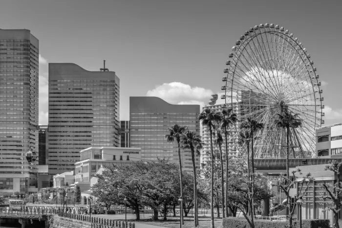 Viola, Melanie: Skyline di Yokohama con ruota panoramica | monocromatico