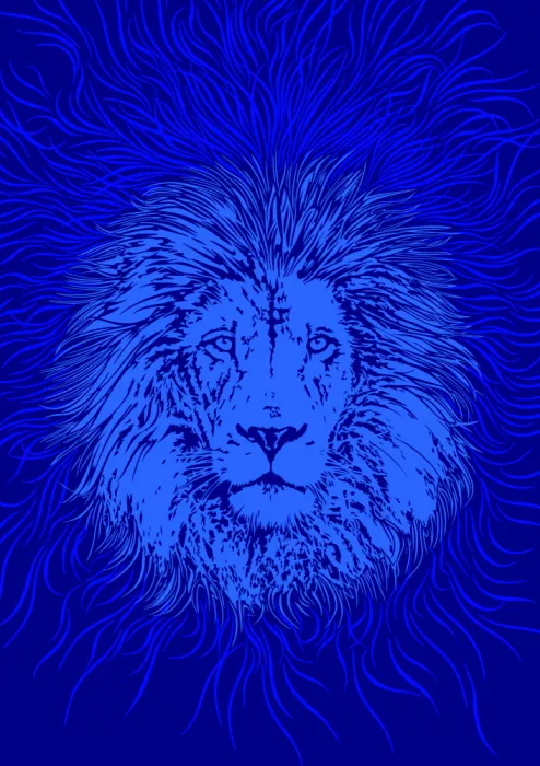 Kaminski, Carlo: Tête de lion stylisée à crinière fluide en bleus