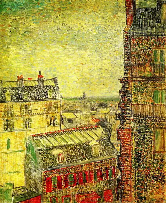 Gogh, Vincent van: Pohled na Paříž z van Goghova pokoje v Rue Lepic