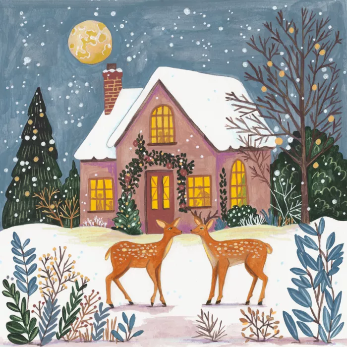 Müller, Bonne Caroline: Chaumière avec cerf dans le jardin enneigé de Noël