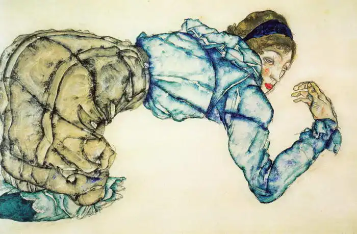 Schiele, Egon: Klečící žena v modré halence