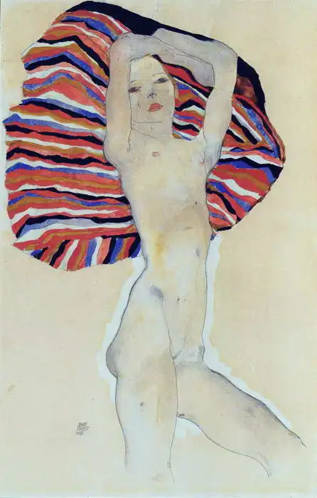 Schiele, Egon: Nahá dívka na barevné podložce