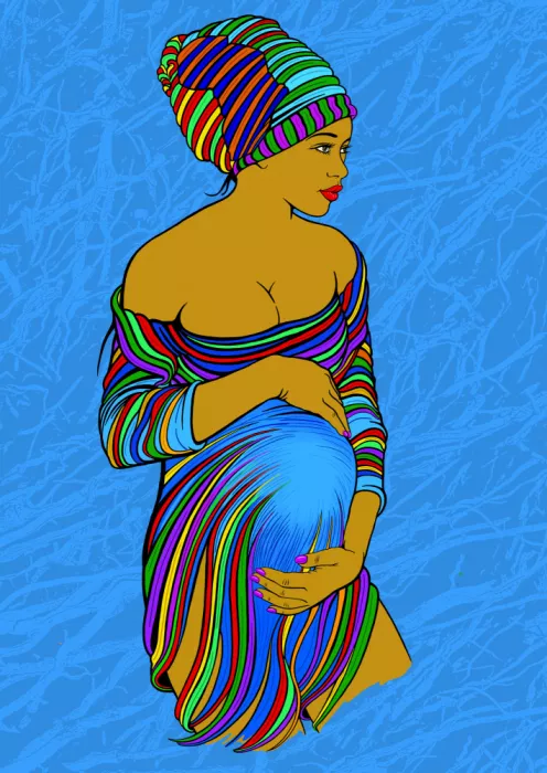 Kaminski, Carlo: #Mother26 Mère enceinte au turban et robe aux couleurs africaines sur fond bleu